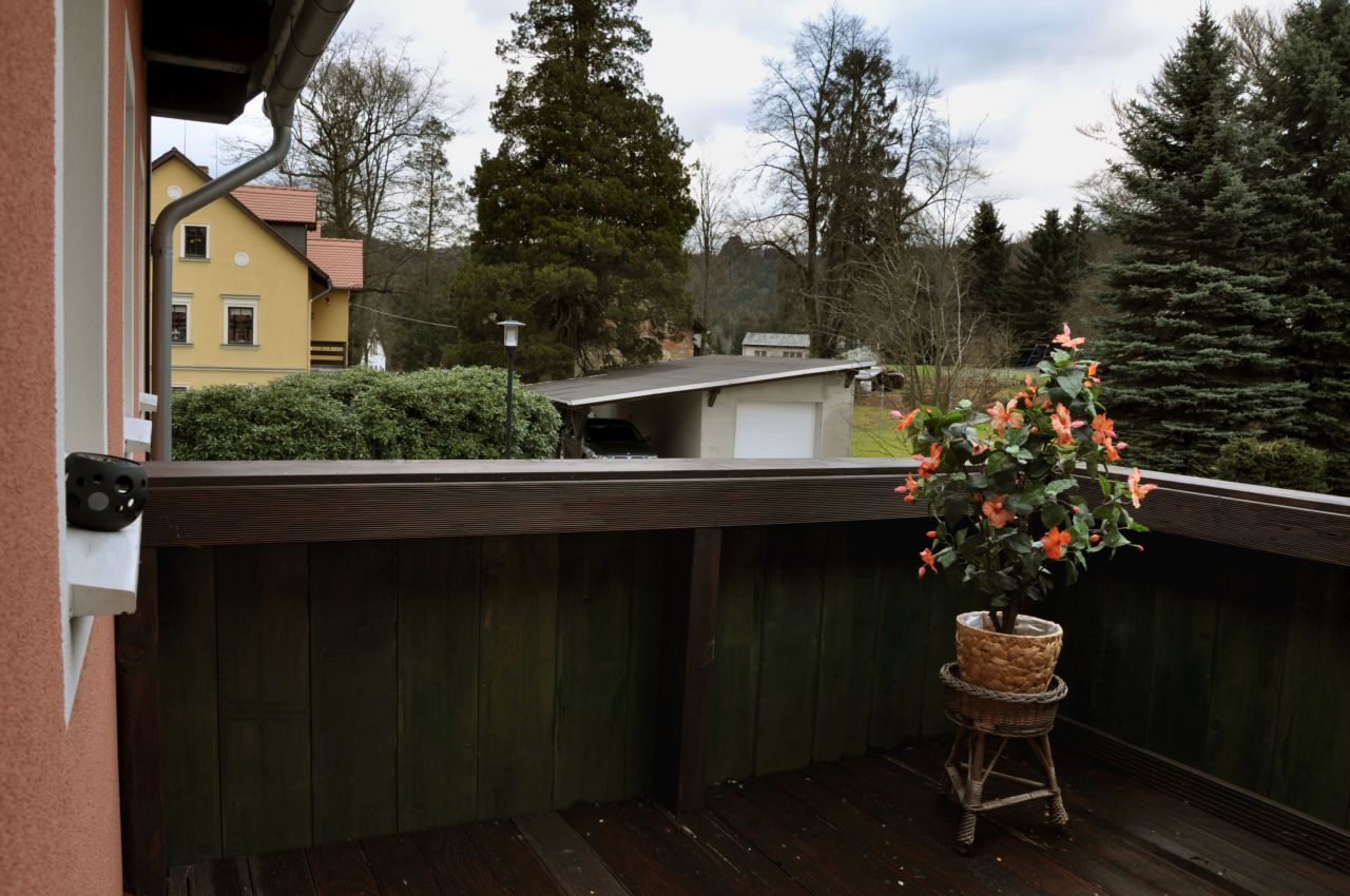 Blick vom Haus über Bäume und Dächer in die bewaldeten Hänge des Zittauer Gebirges